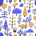 Doodle naive trees, seamless pattern. Endless woods background with forest plants in abstract primitive style. Childrens