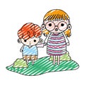 Doodle nice girl and boy children in the landscape