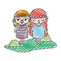 Doodle nice girls children hairstyle in the landscape
