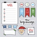 Doodle note paper vector set. Messages sticky notes. Notes list and with New Year decoration and santa claus. New