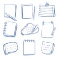Doodle note. Sketch notebook, memo paper, various document. Hand drawn notepads vector set Royalty Free Stock Photo