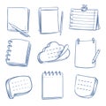 Doodle note. Sketch notebook, memo paper, various document. Hand drawn notepads vector set