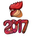Doodle number 2017 and rooster head with boho pattern. Royalty Free Stock Photo