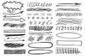 Doodle objects mega set in flat cartoon design. Bundle of ink line arrows, numbers, plus, equal, division, grids, handwritten Royalty Free Stock Photo