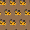 Doodle olive oil seamless pattern, oil in the bottle with plant