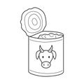 Doodle An open tin can with beef stew. Food, dry rations for field conditions, camping, hiking, traveling. Outline black and white