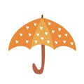 Doodle open umbrella with heart print on white background. Vector umbrella