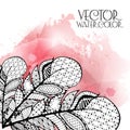 Doodle ornate feathers in zen art style on vector watercolor Royalty Free Stock Photo