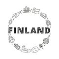 Doodle outline Finland icons in circle.