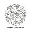 Doodle outline genetic engineering icons in circle.