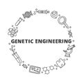 Doodle outline genetic engineering icons in circle.