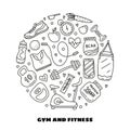 Doodle gym and fitness icons in circle. Royalty Free Stock Photo