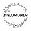 Doodle outline pneumonia icons in circle.