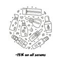 Doodle serum, ampoule and essence bottles in circle.