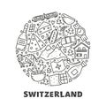 Doodle Switzerland travel icons in circle.