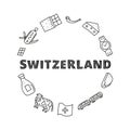 Doodle Switzerland travel icons in circle.