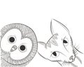 Doodle owl and cat head. Night bird and animal Zen Tangle.