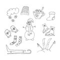 Doodle painted set for the theme of the winter season-snowflakes, knitted socks, a cup of hot drink, winter sports. Vector drawing Royalty Free Stock Photo