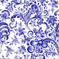 Doodle paisley seamless pattern. Gradient floral elements on white background. Gzhel. Watercolor imitation. Two colors