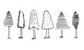 Doodle park forest conifer abstract silhouettes outlined trees in black color collection set Royalty Free Stock Photo