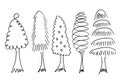 Doodle park forest conifer abstract silhouettes outlined trees in black color collection set Royalty Free Stock Photo