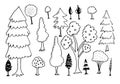 Doodle park forest conifer abstract silhouettes outlined trees in black color collection set Royalty Free Stock Photo
