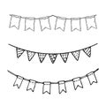 Doodle party bunting flags set. Black line sketch garlands