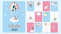 Doodle pastel calendar set 2021 with panda,rainbow,sun for children.Can be used for printable graphic