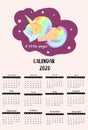 Doodle pastel calendar 2020 with unicorn, rainbow, cloud for children.Can be used for printable graphic