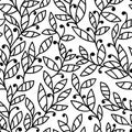 Hand drawn black fantasy leaf with simple decor on white background. Seamless doodle floral pattern.