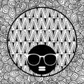 Doodle pattern with black skin woman in sunglasses for coloring.