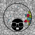 Doodle pattern with black skin woman in sunglasses for coloring.