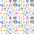 Doodle pattern of cleaning tools. Cleaning service. Home supplies. Flat hand drawn vector illustration on white