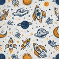 Doodle Pattern Featuring Hand-Drawn Spaceships, Asteroids, Planets, and Astronauts in Navy Blue, Orange, and White on Royalty Free Stock Photo