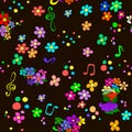 Doodle pattern with flowers and swirls, notes, Royalty Free Stock Photo