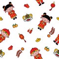 Doodle pattern happy chinese new year with cartoon illustration, greeting card, chinese character is mean lucrative