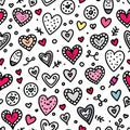 Doodle pattern of hearts. Various shapes, colors, and designs on a white background. Cute and decorative Royalty Free Stock Photo
