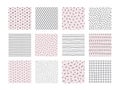 Doodle pattern. Seamless hand drawn prints with geometric sketch shapes. Pastel pink or white backgrounds with dots and