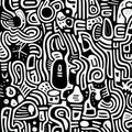 Whimsical Cyborgs: Abstract Black And White Pattern With Absurd Doodles