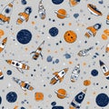 Seamless Doodle Pattern Featuring Spaceships, Planets, Astronauts, and Asteroids in Bold Navy Blue and Orange on Light Royalty Free Stock Photo