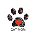 Doodle Paw Prints With Red Heart And Cat Mom Text. Happy Mother`s Day Greeting Card