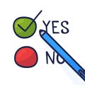 Doodle pen write yes vote on a voting paper. Flat concept illustration with hand drawn cartoon style check sign. Isolated vector Royalty Free Stock Photo