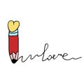 Doodle pencil with a heart on top writes the word love. Hand drawn sketch in cartoon style of Valentine\'s Day.