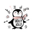 Doodle penguin with pink scarf, horns and hand draw inscription Holly Jolly.