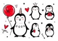 Doodle penguins, hand drawn set of funny animals. Vector Penguin character in sketch style.