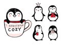 Doodle penguins, hand drawn set of funny animals. Vector Penguin character in sketch style.