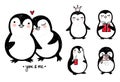 Doodle penguins, hand drawn set of funny animals. Vector Penguin character in sketch style.