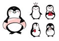 Doodle penguins, hand drawn set of funny animals. Vector Penguin character in sketch style.