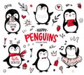 Doodle penguins, hand drawn set of funny animals. Vector Penguin character in sketch style.