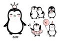 Doodle penguins, hand drawn set of funny animals. Vector Penguin character in sketch style.